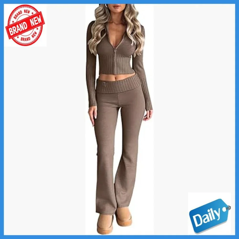 Slim Fit Zip Hoodie Flare Leg Pants Set Medium Ribbed Knit Sweatsuit